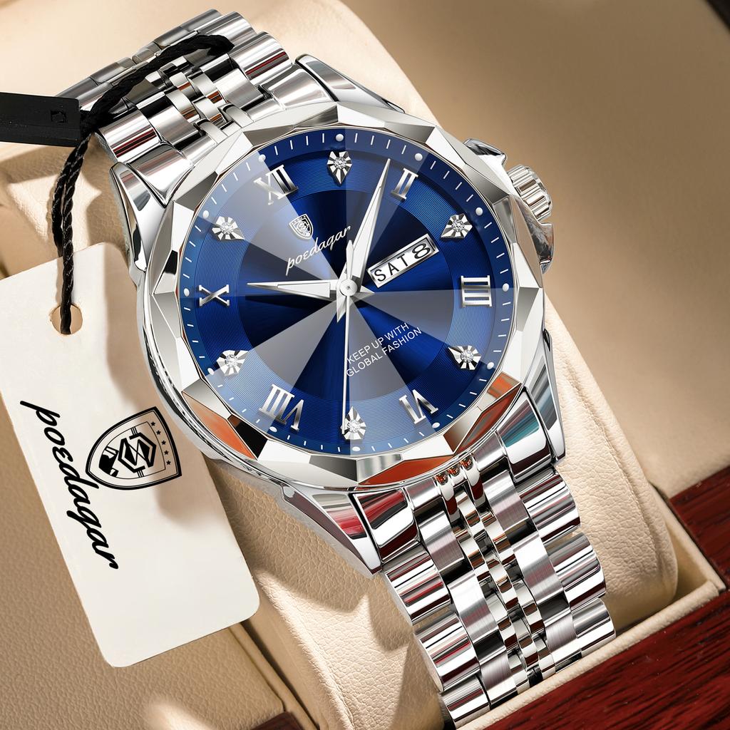 POEDAGAR Casual Fashion Men Wristwatch Luminous Waterproof Date Week Man Clock Stainless Steel High Quality Quartz Men's Watches
