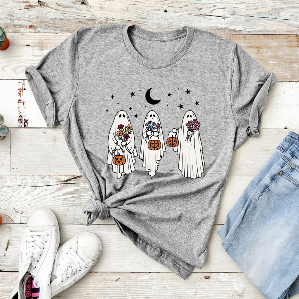 Vintage Halloween Ghost T-Shirt Floral Spooky Pumpkin Tee Casual Short Sleeve Women Halloween Shirt Spooky Season Graphic Tees