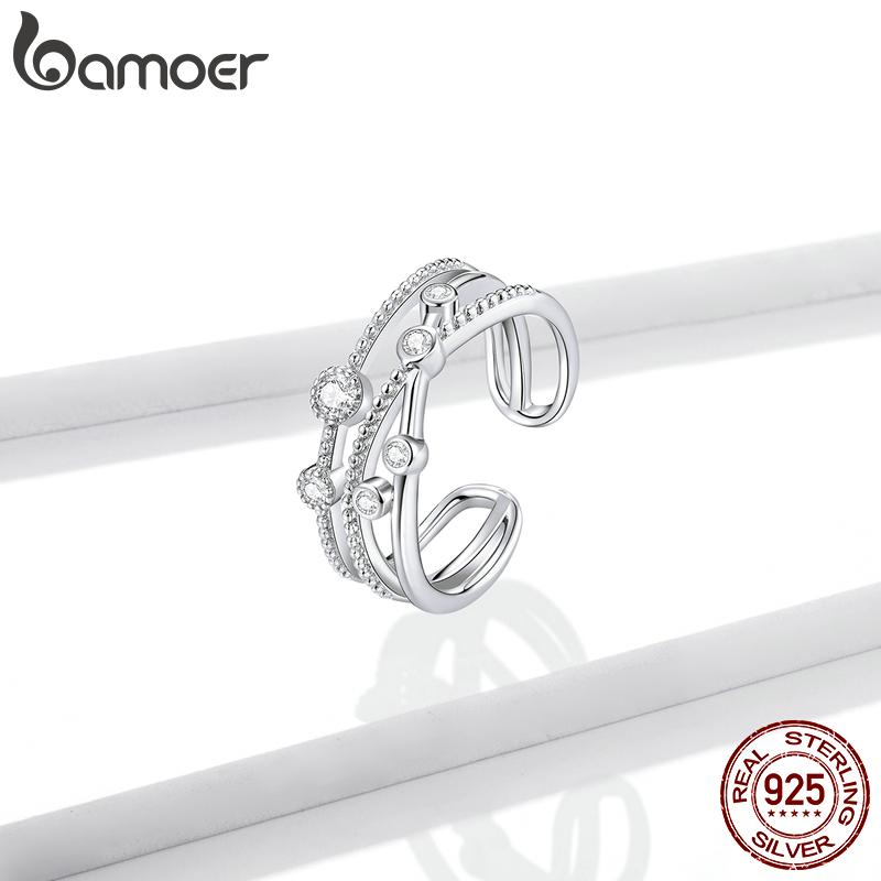 BAMOER из стерлингового серебра 925 пробы, многослойное кольцо с блестящими звездами для женщин, регулируемое массивное кольцо