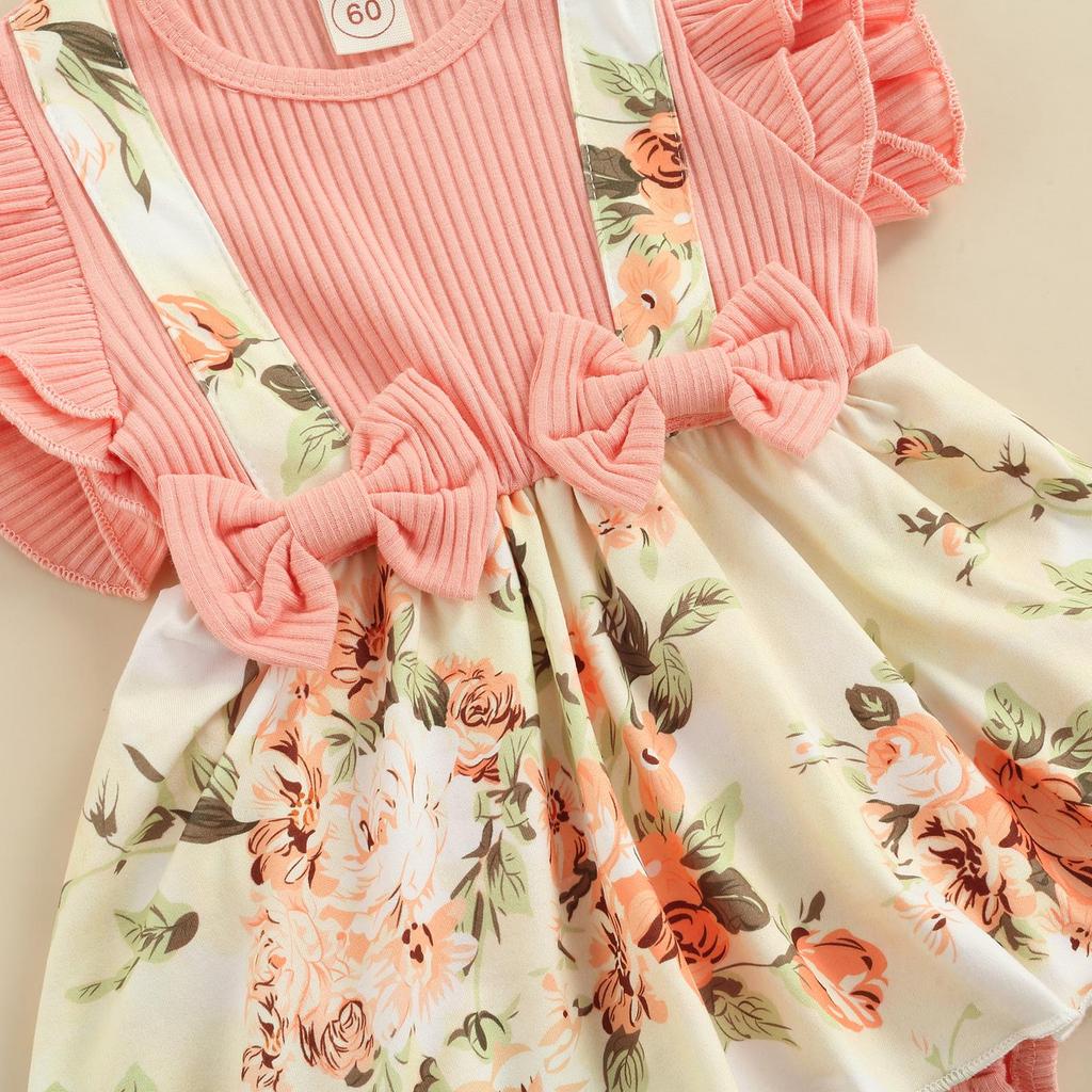 Летний комбинезон для маленьких девочек, платье с рюшами на рукавах и цветочным принтом, лоскутное боди + повязка на голову с бантом