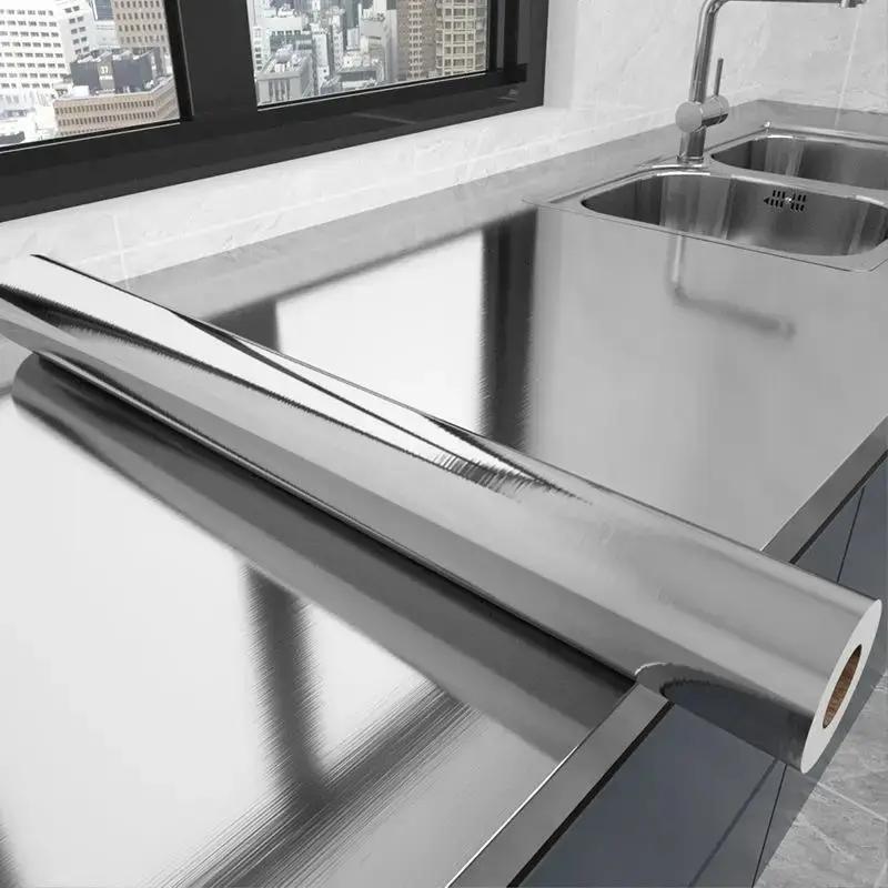 Матовая серебристая наклейка на стену кухня гостиная холодильник столешница самоклеящиеся обои нержавеющая сталь 40см металл водонепроницаемый