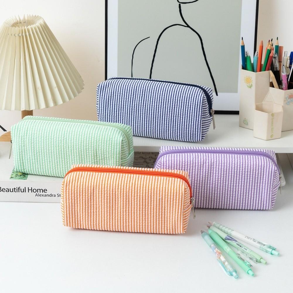 Polyester Bubble Yarn Pencil Case Striped Print Pen Bag Minimalist Stationery Pouch Gift