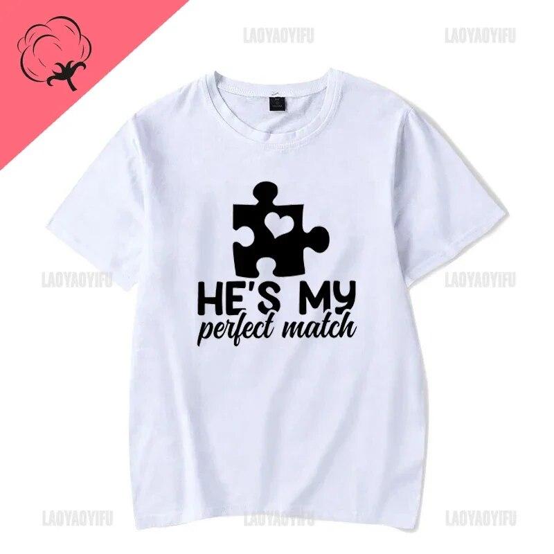 Couple T Shirt for Lovers Cotton Tee He's She's My Perfect Match Print T Shirts Unisex Summer Tops Anniversary Matching