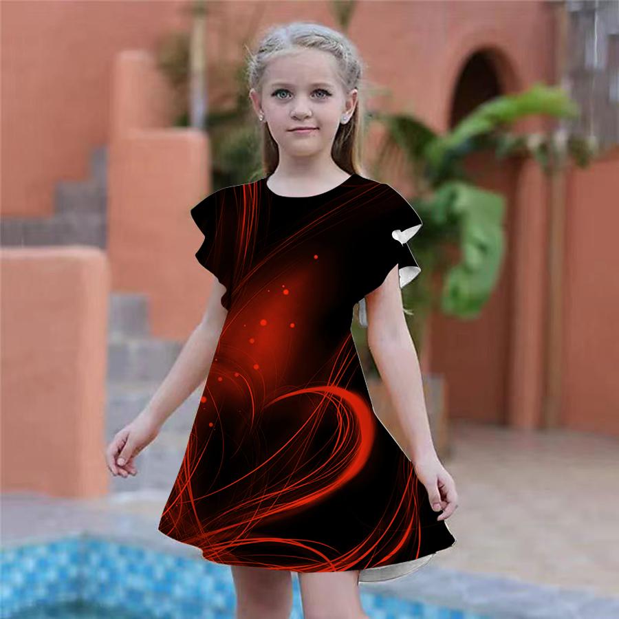Girls Love Lines Print Dresses Kids Girl Party Dress Loose Fitting Loose Fitting Short Sleeved Skirt For Girls Over Four Years Old
