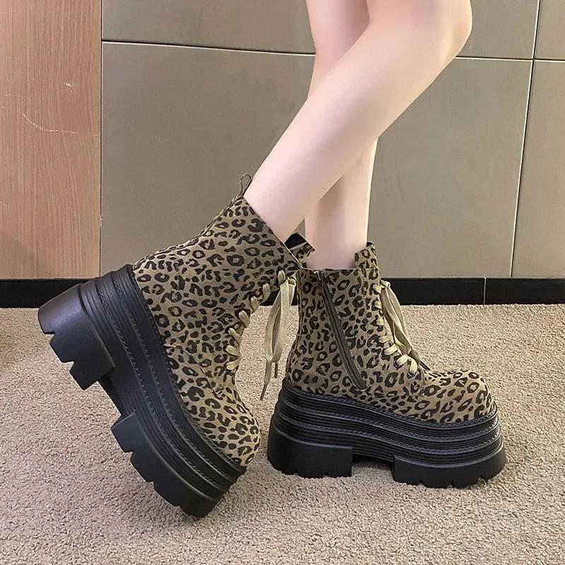 Модные женские ботильоны на платформе 10 см с леопардовым принтом, мотоциклетные ботинки, массивные кроссовки на шнуровке, трендовые зимние готические короткие ботинки Mujer