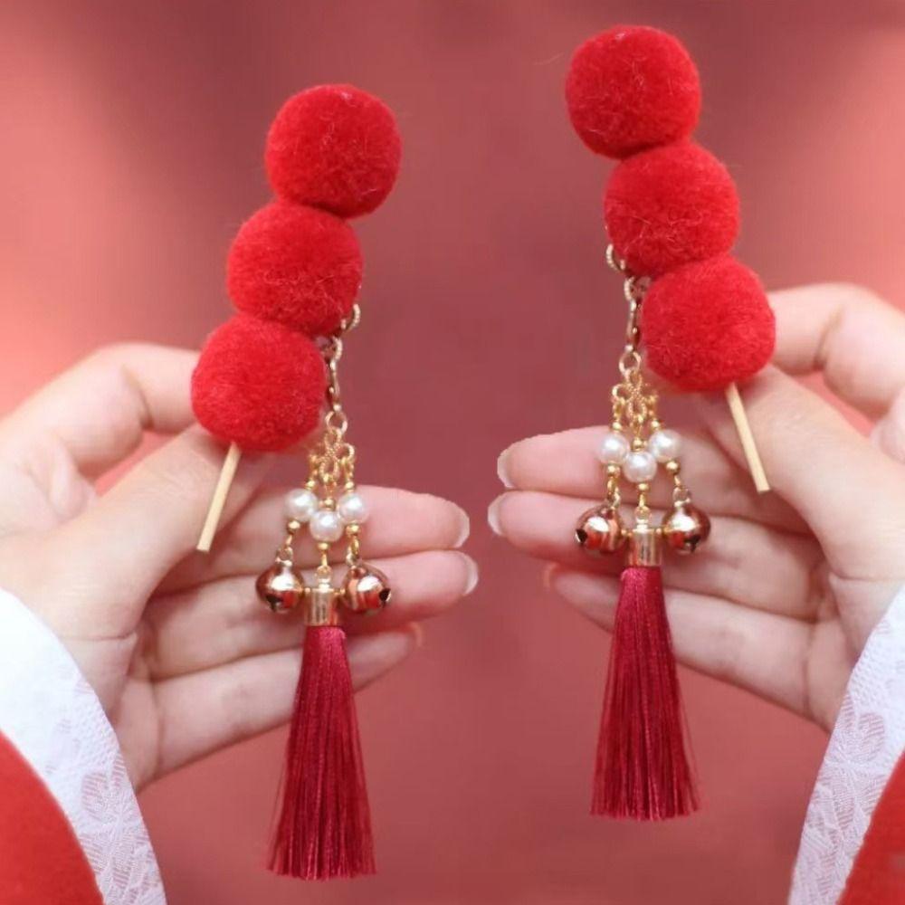 Red Chinese Style Ancient Hairpin Pearl Chinese New Year Side Clip Hanfu Hair Clip  Women