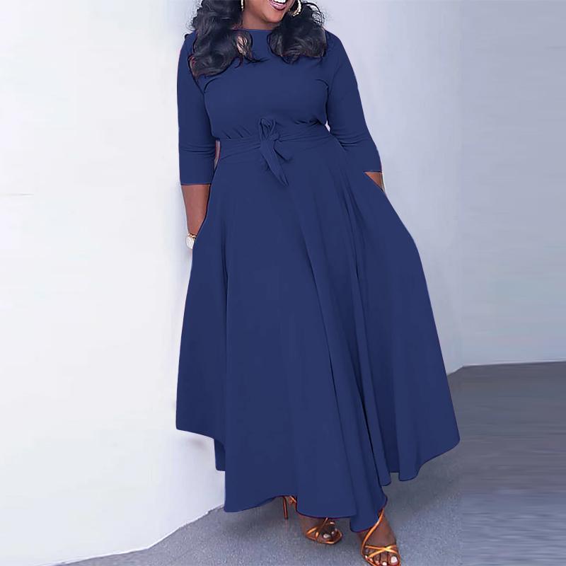 VONDA Женские осенние свободные однотонные платья с длинным рукавом и круглым вырезом