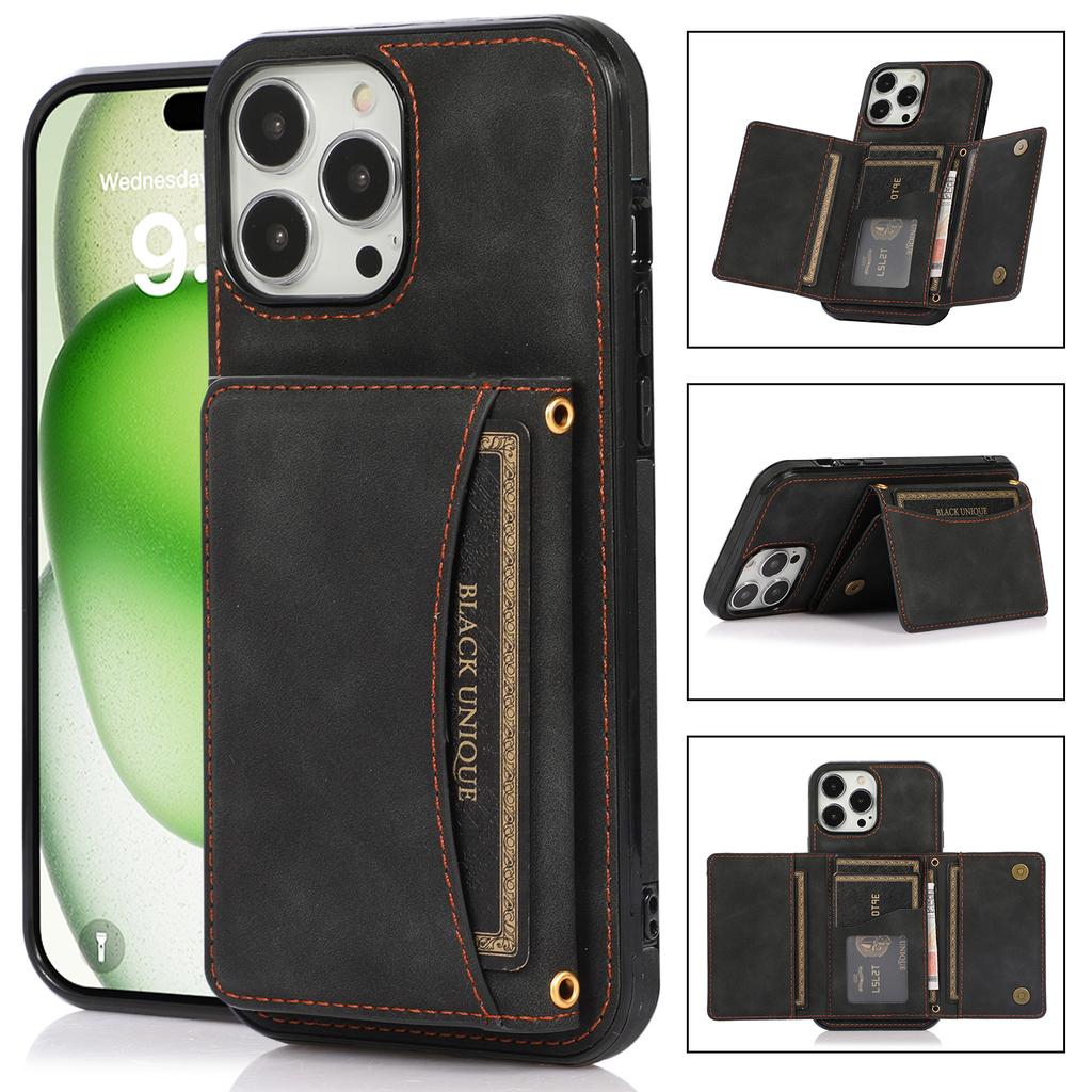 For iPhone 16 Pro Phone Case Tri-Fold Wallet Kickstand PU Leather+TPU Back Cover