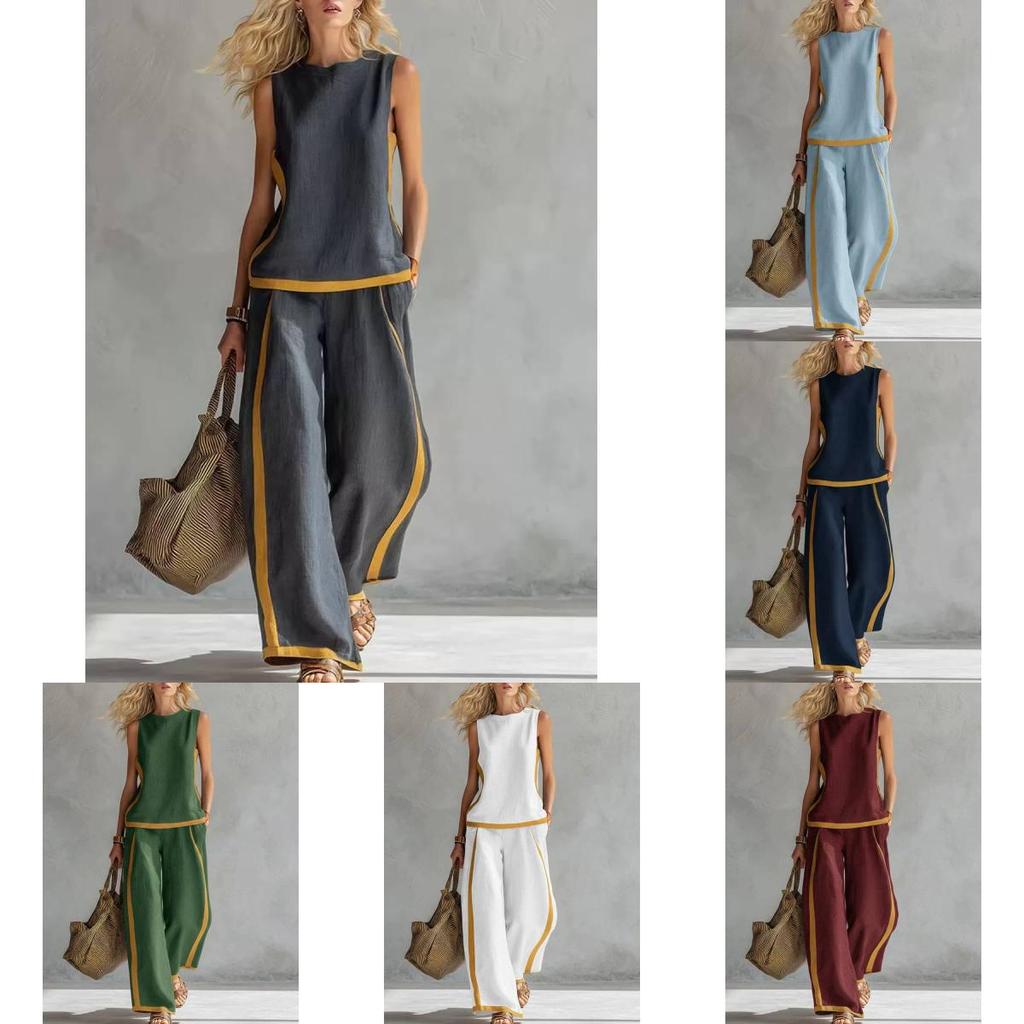 Womens Summer Sleeveless Color Block Pantsuit With Pockets And Splicing For Casual Wear