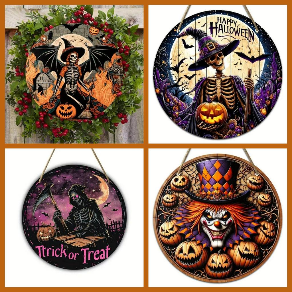 Creative Wooden Craft Door Plaque Decoration Circular Logo Witch Wooden Plaque Halloween Decoration Christmas