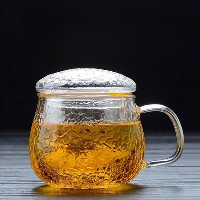 Утолщенное стекло с текстурой ковки, круглая чашка для удовольствия, офисная чайная чашка с фильтрацией, жаростойкая, с ручкой, большого размера, с крышкой