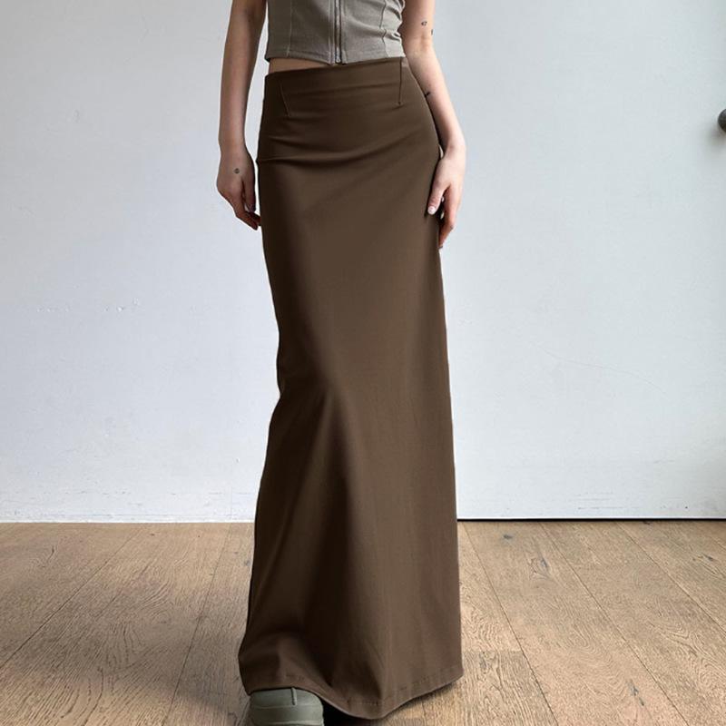 Women's Temperament Pure Colour One-piece Low Waist Sexy Slim Package Hip Hem Open Fork Half-body Long Skirt