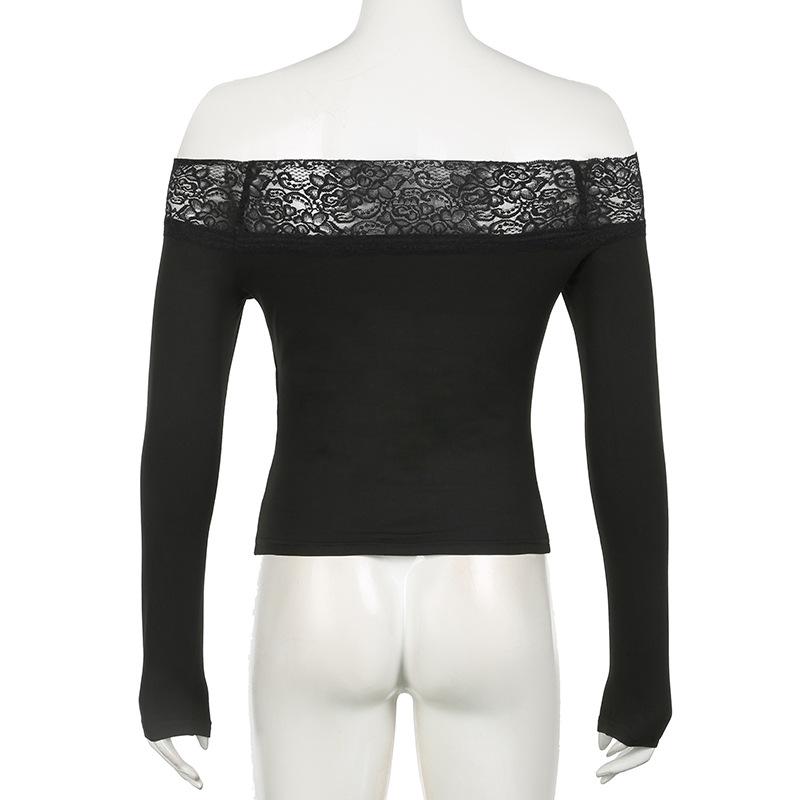 Женская футболка с длинным рукавом и темным ретро-принтом Clash Sexy Slim Lace Splicing на одно плечо