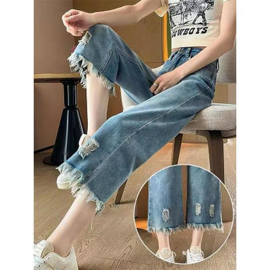 Женские рваные джинсы с высокой талией, весна/лето 2024 г.: Свободный, с кисточками, широкий, длина 9 точек