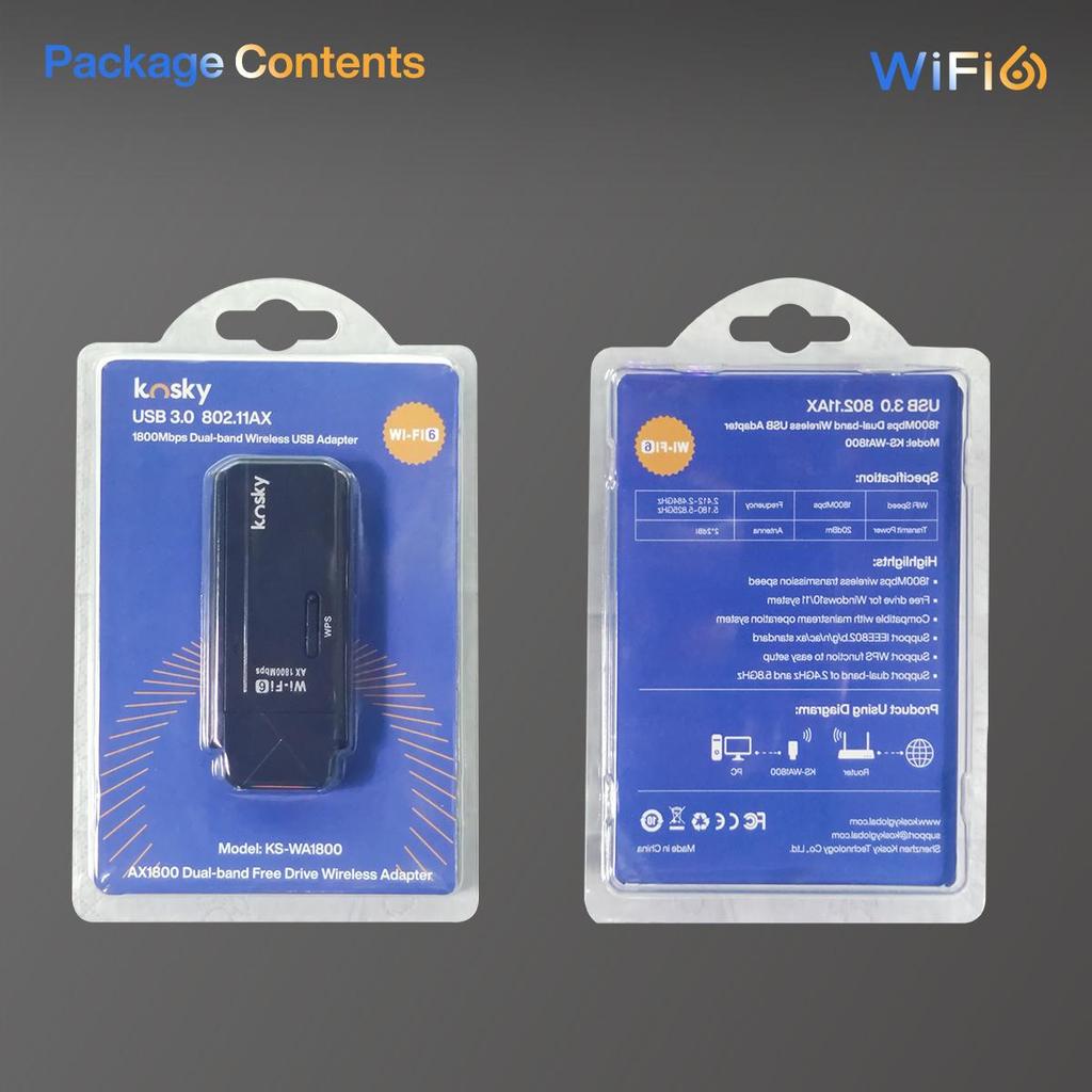 Беспроводной USB Wi-Fi адаптер Kosky WiFi 6 двухдиапазонный 1800 Мбит/с 802.11ax USB3.0 Увеличьте скорость интернета до 600 Мбит/с Беспроводной USB Wi-Fi адаптер
