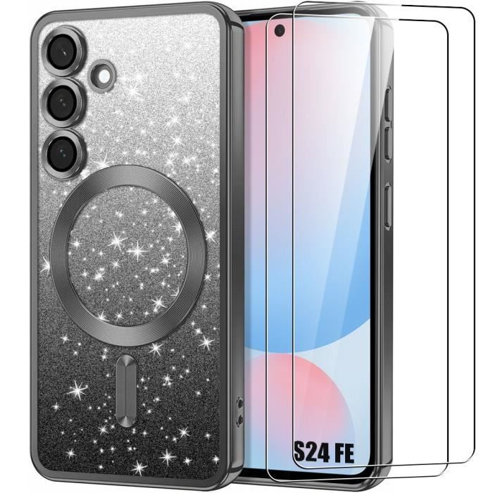 Case + 2 Tempered Glasses for Samsung Galaxy S24 FE, Silicone with Magnetic Ring and Camera Protection - Black