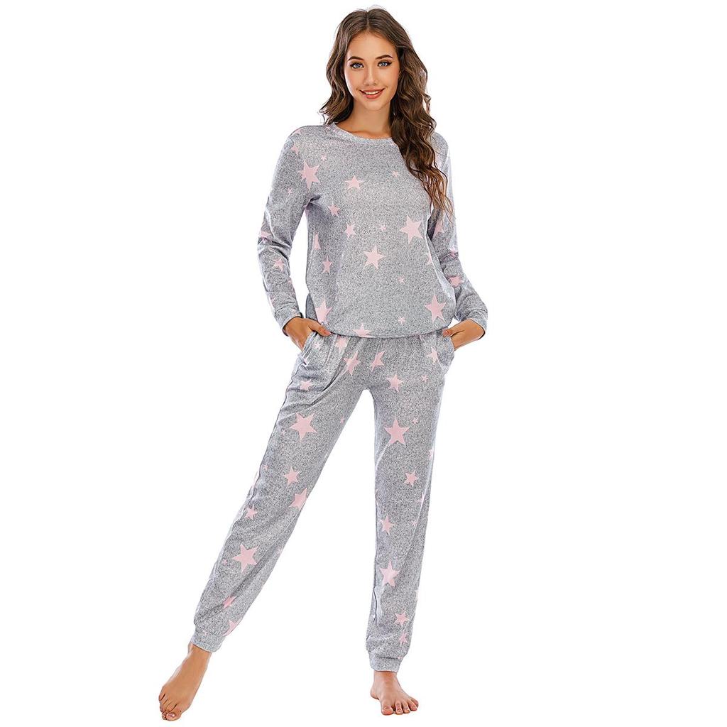 Женский рождественский пижамный комплект с оленями, топ с длинным рукавом и джоггеры с принтом звезд, домашний костюм-двойка, подходящая женская пижама, милая, уютная одежда для сна, повседневная одежда