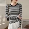 Black and White Striped T-shirt Women's Autumn and Winter Clothing New Slim-fit Front Shoulder Top Long-sleeved Bottoming Shirt