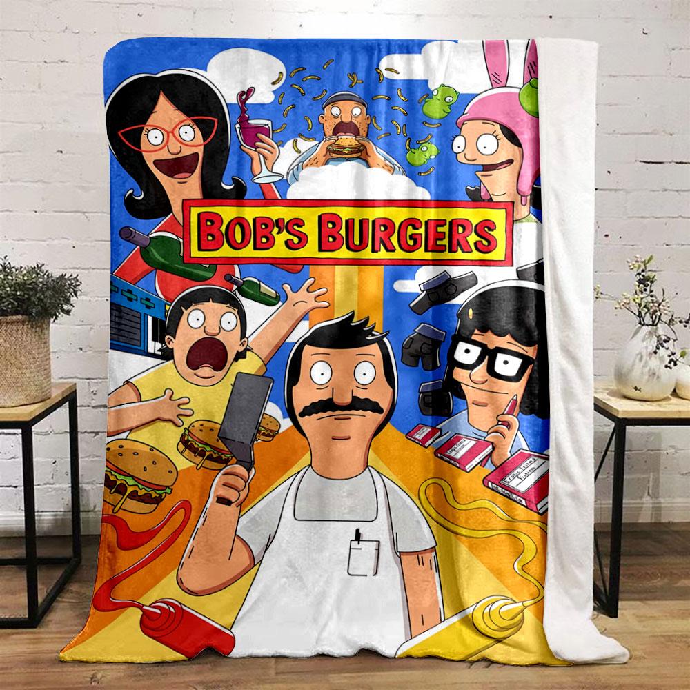 Cartoon characters surrounding a "Bob's Burgers" sign with food and items. for all seasons blanket lunch break throw gift