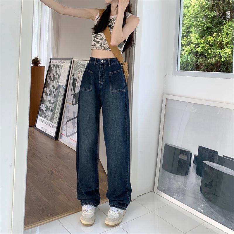 Женские широкие джинсы с высокой талией и большими карманами - корейский стиль