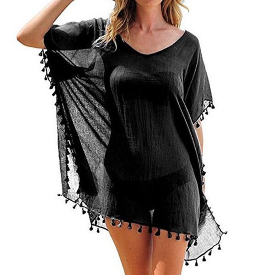 Swimsuit Cover Up Solid Color Loose See-through Tassel Bikini Dress