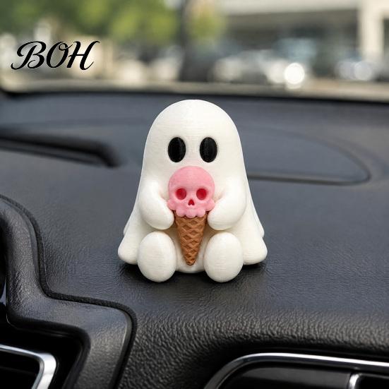 Decorative Skull Crafts Halloween Mini Ghost Figurine, 3D Printed White Statue with Personalized Gifts Pink Ice Cream, Cute Desktop Ornament for Home