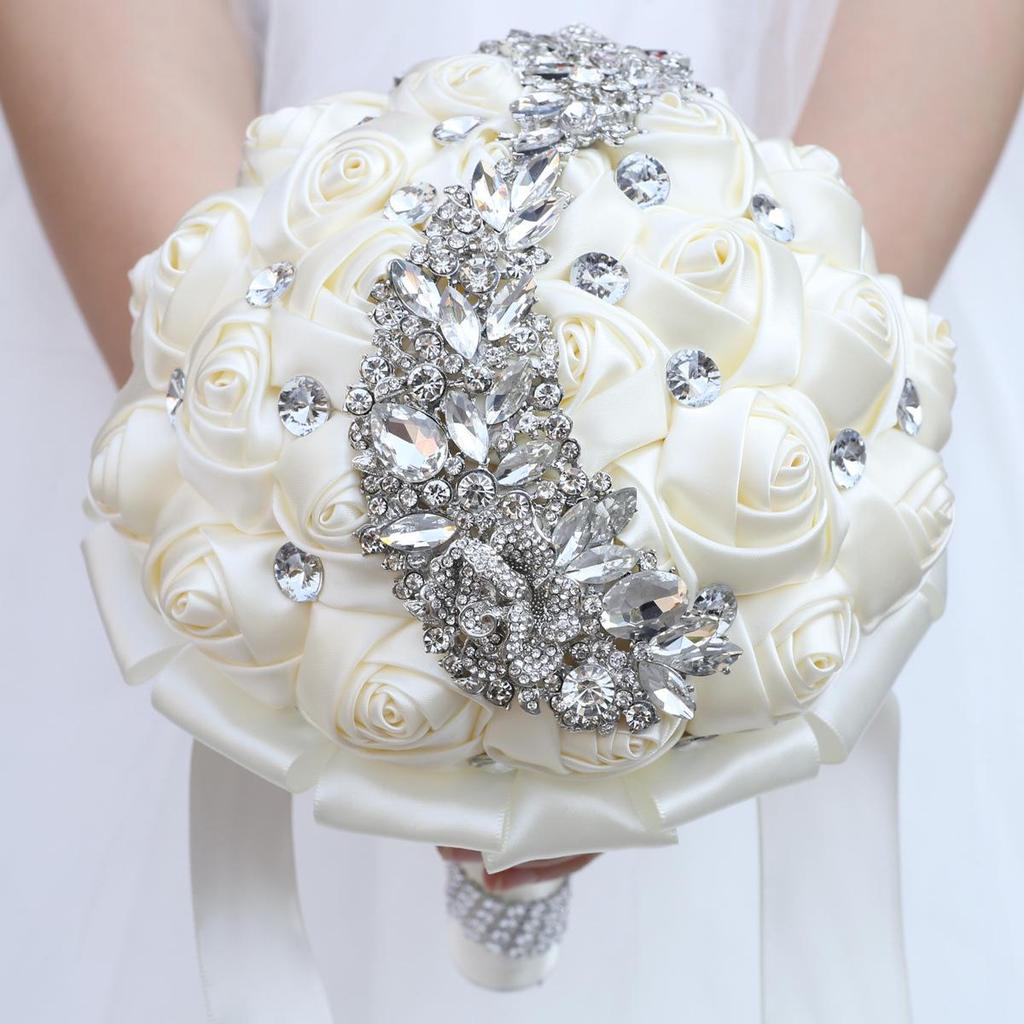 Handmade Wedding Bride Bridesmaid Bridal Bouquet Rose Holding Toss Artificial Flowers Bouquets with Satin Ribbon Rhinestone