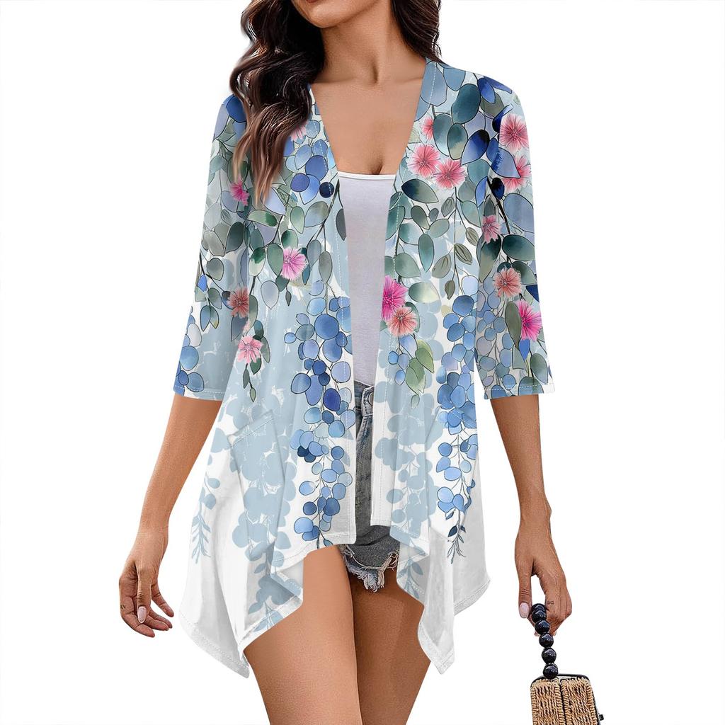 Женский кардиган с нестандартным принтом и рукавами 3/4, повседневная накидка с карманами