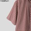 INCERUN Summer Oversized Men Tie Up Neck Half Sleeve Plaid Print Casual Loose Shirts