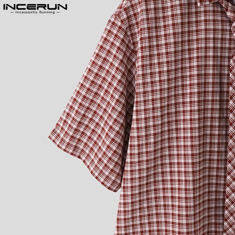 INCERUN Summer Oversized Men Tie Up Neck Half Sleeve Plaid Print Casual Loose Shirts