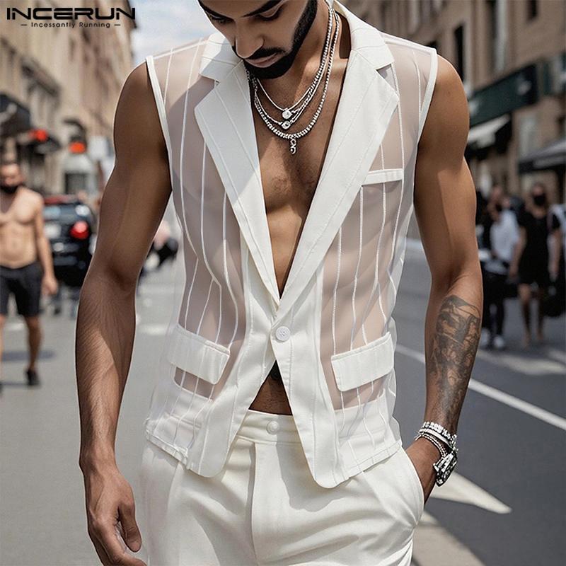 INCERUN Men Lapel Neck Sleeveless See Through Mesh Transparent Striped Blazer Tops