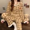 Sweet Cute Plaid Cherry Print Women's Pajamas Vintage Lace Button Design 2 Piece Set Pajamas Casual Home Wear
