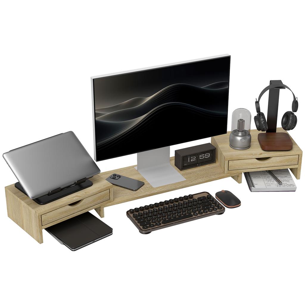 PC screen riser desk computer monitor stand 60-116 cm with 2 drawers, adjustable length and angle