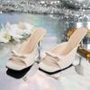 Bowtie High Heels Sandals for Women  Thin Heeled Summer Outdoor Slippers Woman Plus Size 42 Black WHite Square Toe Slides