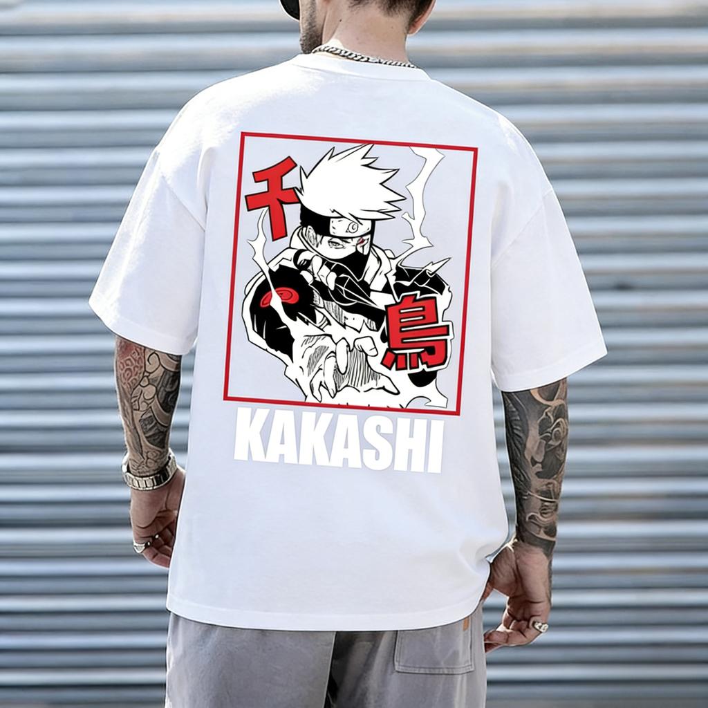 Naruto Kakashi Senkaku Raicut Pattern Tshirt for Men with Anime Printed Short Sleeve High Quality Trendy Fashion Cotton Top
