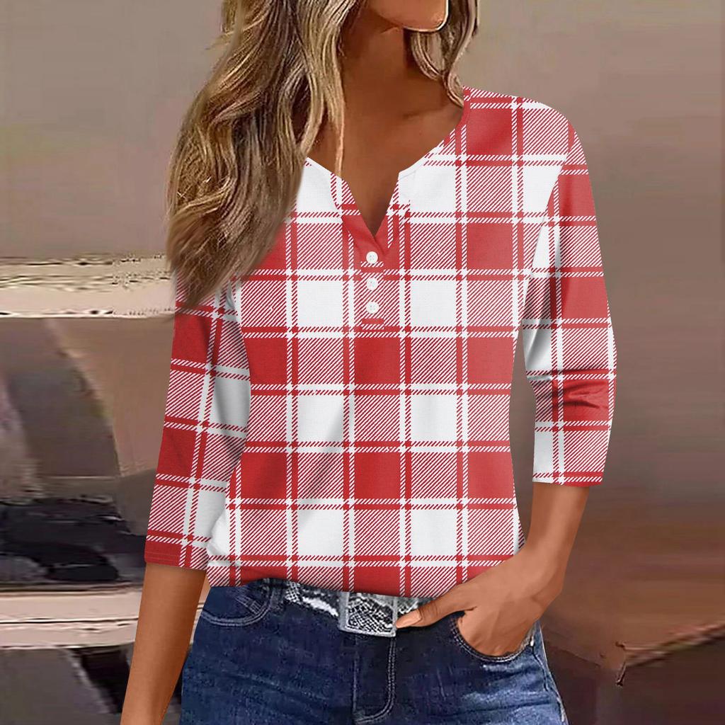 Women's T Shirt Tee Printed Button 3/4 Sleeve Tunic Daily Weekend Fashion Basic V- Neck Regular Top