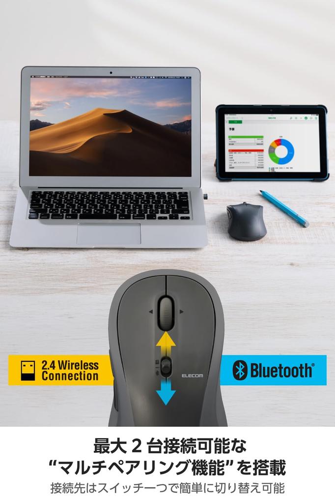 ELECOM OSMOD Seven 7 Wireless to 2 7 Tilt Black Mouse, Quiet, Bluetooth, 2.4GHz, Multi-Pairing (up Devices), Buttons, Wheel, Large, (M-MY40MBSBK-G)