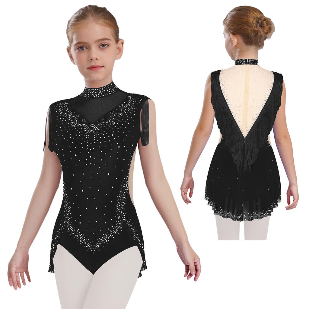 Girls Rhinestone Dance Leotard - Sparkling Mock Neck Bodysuit with Sheer Mesh & Tassel Skirt, Invisible Zipper Back