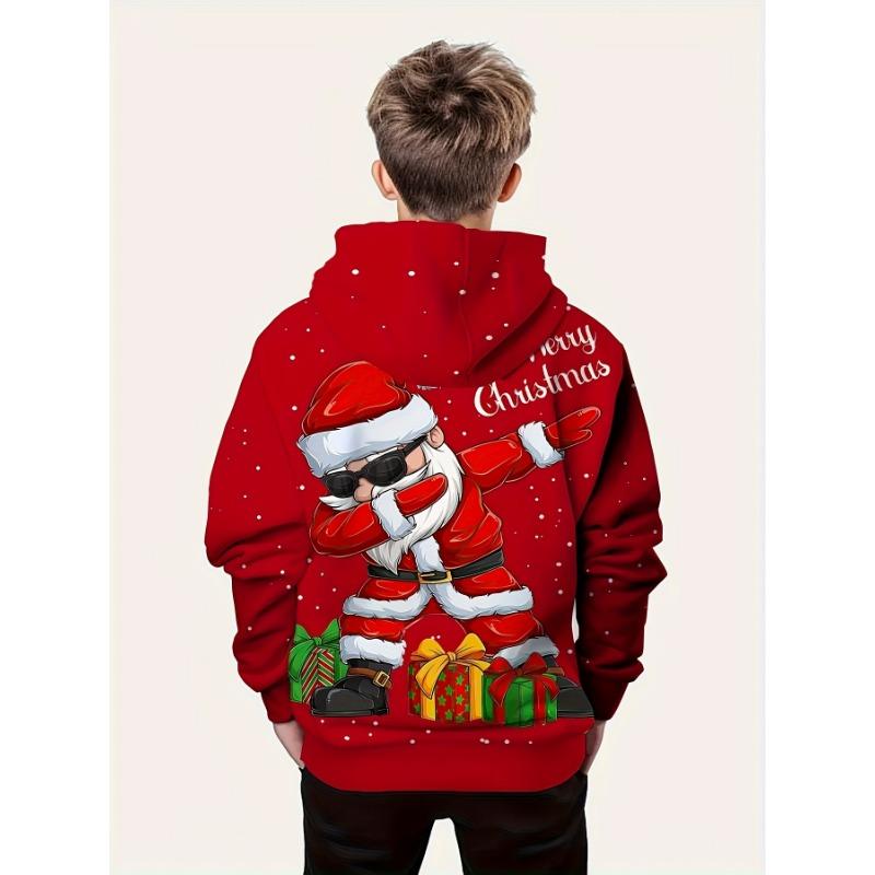 Свитшот с капюшоном и длинными рукавами и рождественским принтом — мягкий, стандартного кроя, уютный пуловер для мальчиков, идеально подходит для осеннего и зимнего сезонов