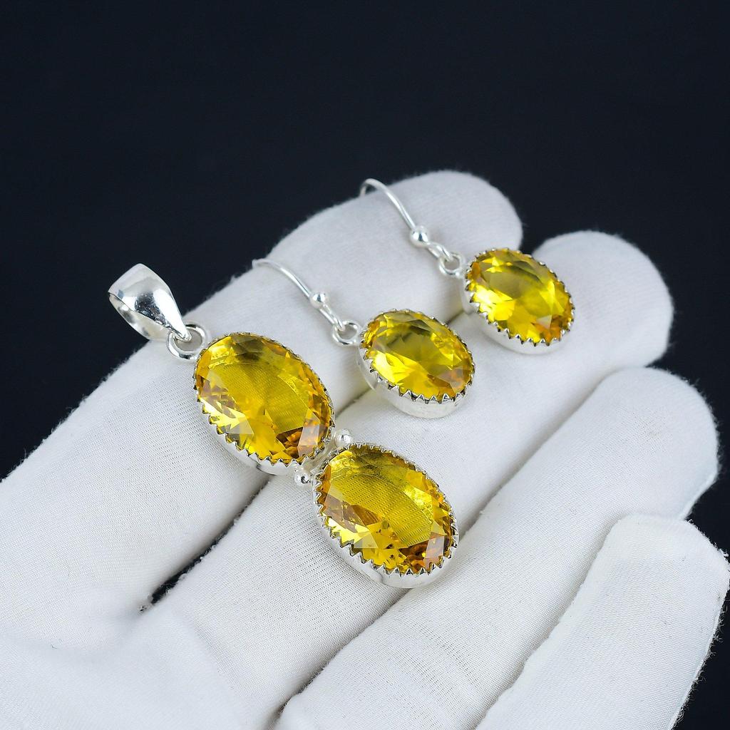 Beautiful Citrine Pendant Set, Citrine Gemstone Handmade 925 Sterling Silver Earring Pendant Set For Women Pendant Birthday Gift