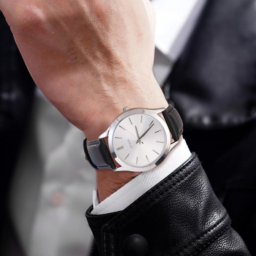 BUREI Аналоговые Кварцевые Кожаные Подарочные Мужские Часы, Водонепроницаемые, Популярные, Простые, Стильные, Деловые, Повседневные, Ремешок, (Серебристый, Черный, Кожаный)