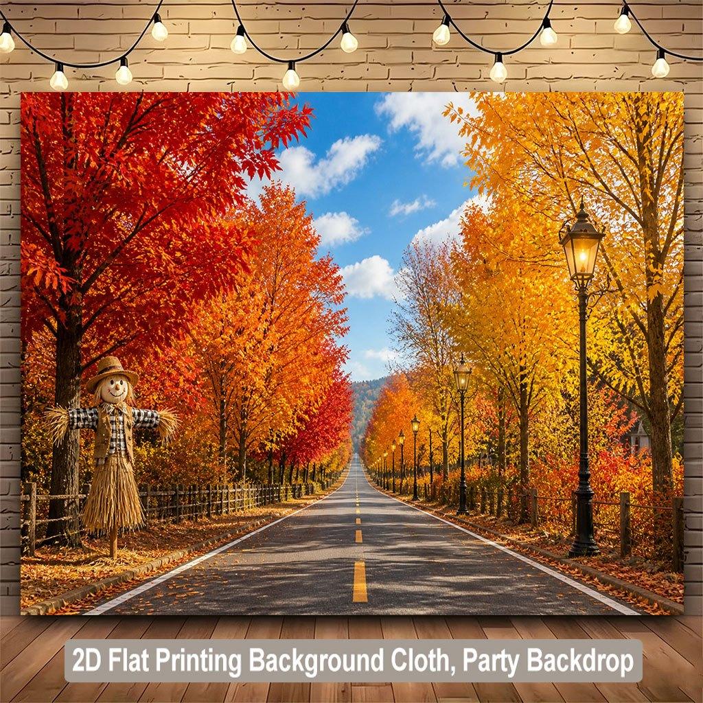 2D flat surface 1 piece Autumn roadside backdrop with lush foliage Banner suitable for parties