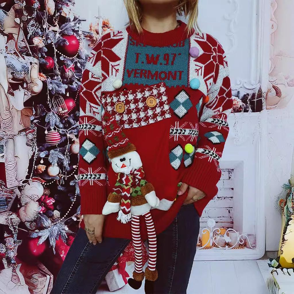 Foreign Trade Autumn and Winter New Thick Christmas Sweater Hand Decorated Button Letters Snowman Doll Pullover Sweater for Women 3525 EMA