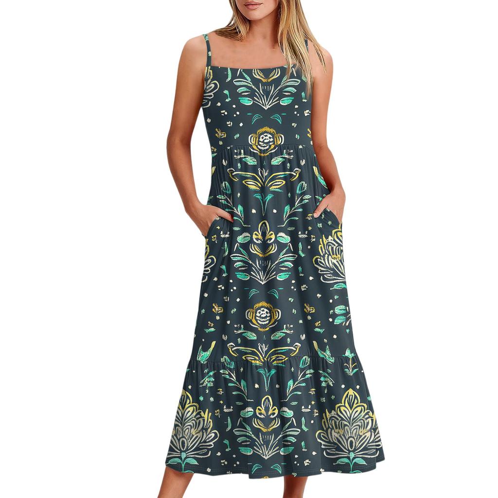 Women's Long Beach Casual Elegant Spaghetti Strap Maxi Dress Stitching Low-key Flowing Bohemian Dress