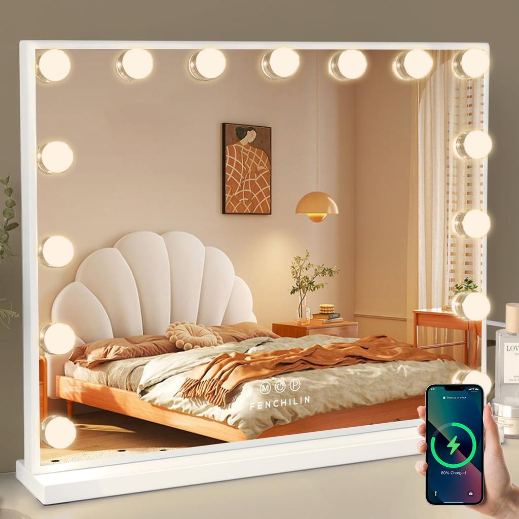FENCHILIN Makeup Actress Hollywood For Wall Includes USB Three Color Lighting Stepless Includes 15 LED 10x Magnifying 58x46cm Mirror, Mirror, Mirror,