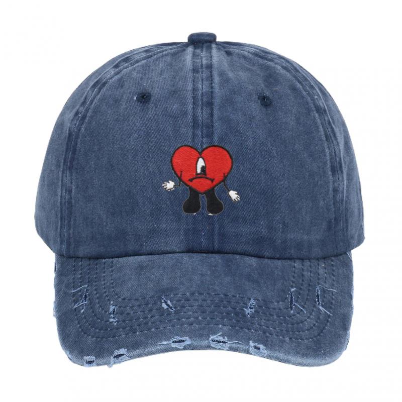 Bad Bunny Style Baseball Cap Hip Hop Rapper Red Love Heart Ripped Unconstructed Sun Protection Distressed Outdoor Sport Hat