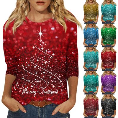 Женская мода, повседневная свободная футболка с рождественским принтом и круглым вырезом, рукав 3/4, женский топ