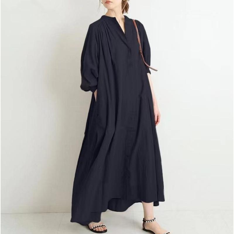 Summer Loose Plus Size Shirt Dress Base Shirt Clean Color Cotton Linen Retro Casual Stand Up Collar Big Swing Dresses