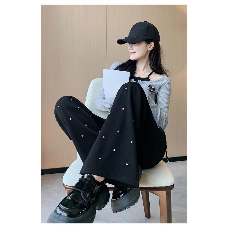 Heavy Industry Hot Diamond Wide Leg Pants for Women's Spring New Casual High Waist Loose Straight Tube Drop Floor Dragging Pants