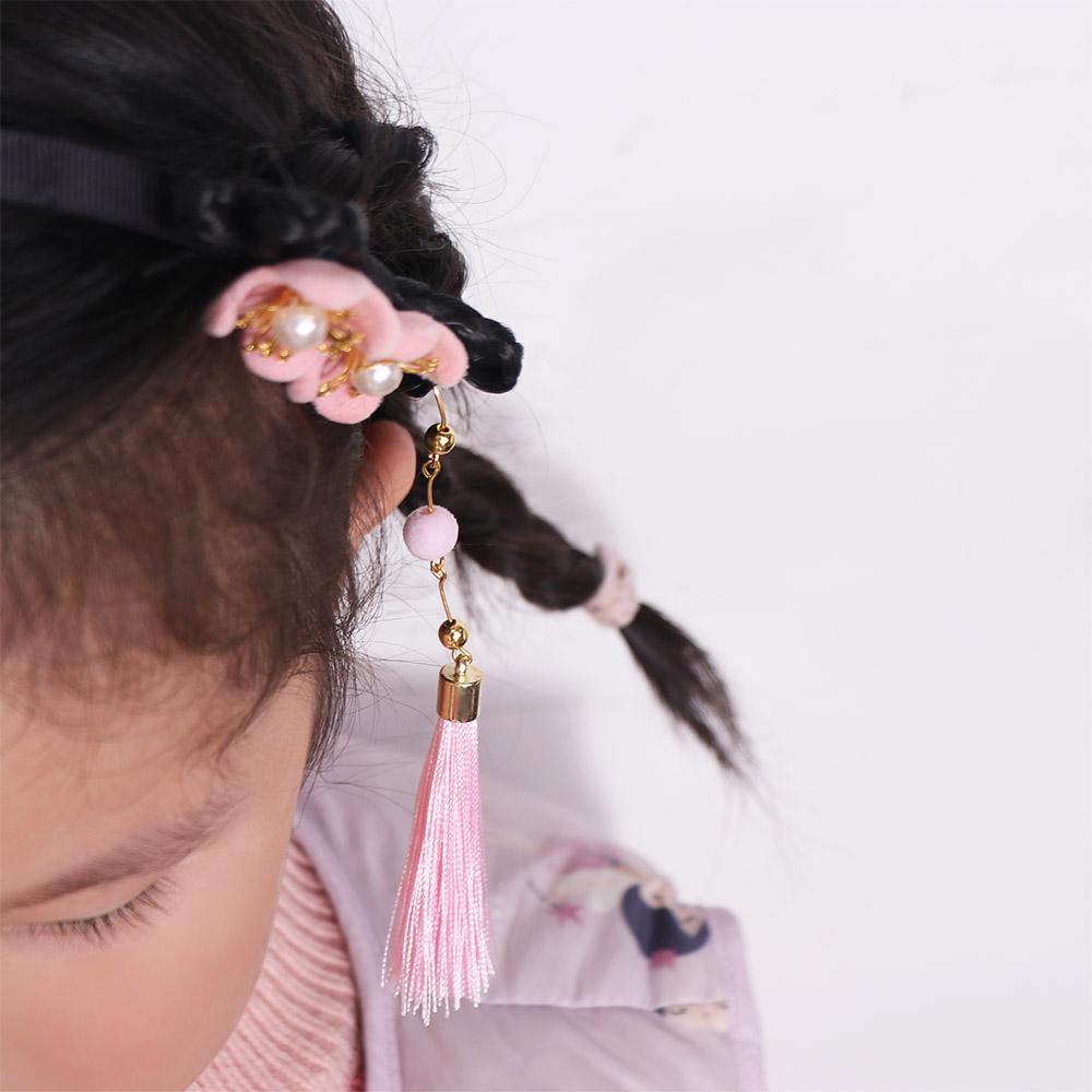 Красный парик ханьфу, повязка на голову с жемчугом, новогодний головной убор, традиционная повязка на голову с цветочной кисточкой для детей